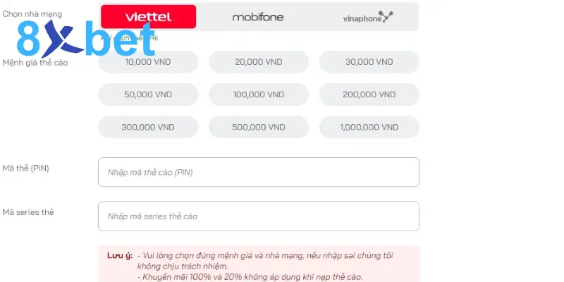 Nạp tiền 8Xbet - Hướng dẫn nạp tiền chi tiết nhất cho newbie 6 Nạp tiền bằng thẻ cào